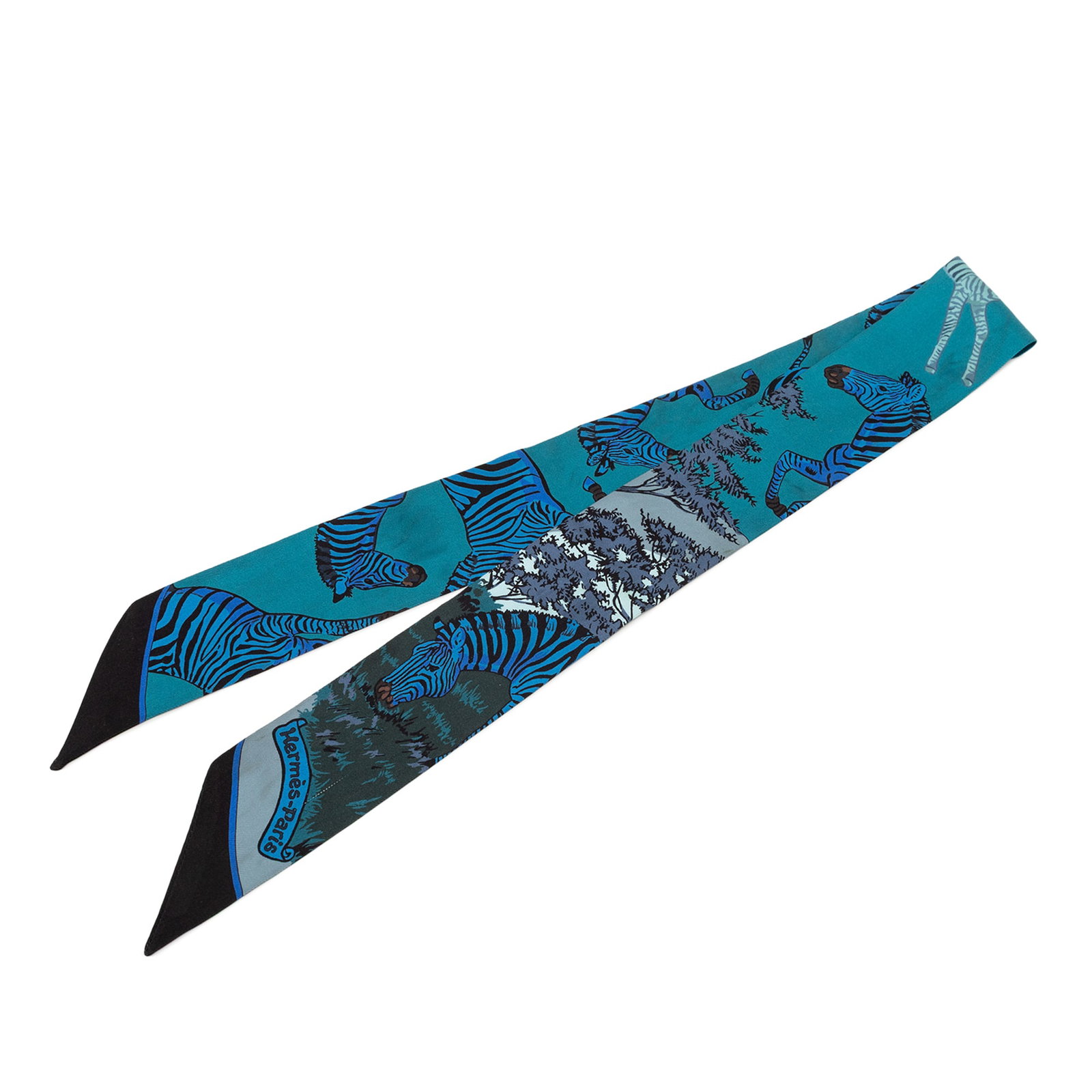Les Zebres Blue Silk Twilly Scarf by Hermes France (1 of 5)