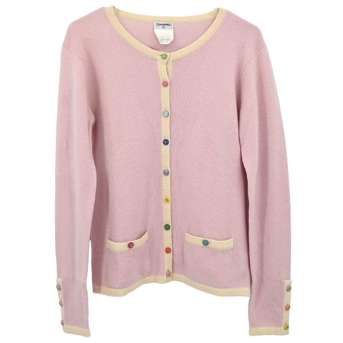 Chanel Vintage Pink Cashmere Knit Cardigan EU 38 Long Sleeve: Chanel Vintage Pink Cashmere Knit Cardigan EU 38 Long Sleeve This Chanel cardigan in light pink is crafted from 100% cashmere knit, offering a soft and luxurious feel. Featuring long sleeves and butto