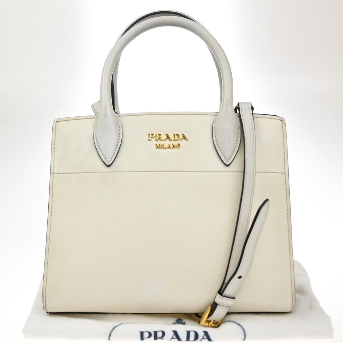 Prada White Leather Bibliotheque Tote Bag in Saffiano and City Calf (1 of 18)
