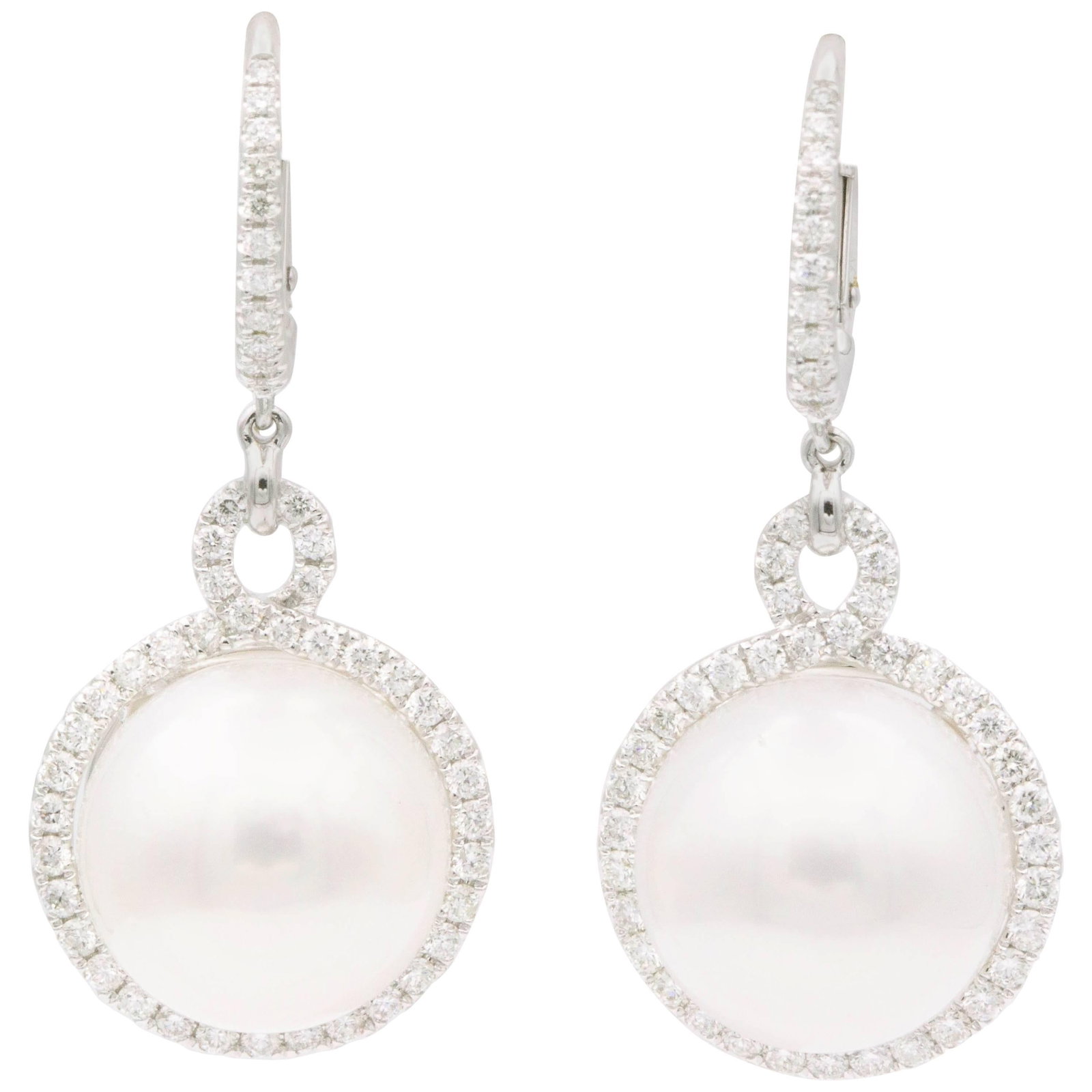 Harbor Diamonds 18K White Gold South Sea Pearl Diamond Dangle Earrings: Harbor Diamonds 18K White Gold South Sea Pearl Diamond Dangle Earrings Elevate your elegance with these stunning South Sea Pearl and Diamond Dangle Earrings. Crafted from luxurious 18k white gold, the