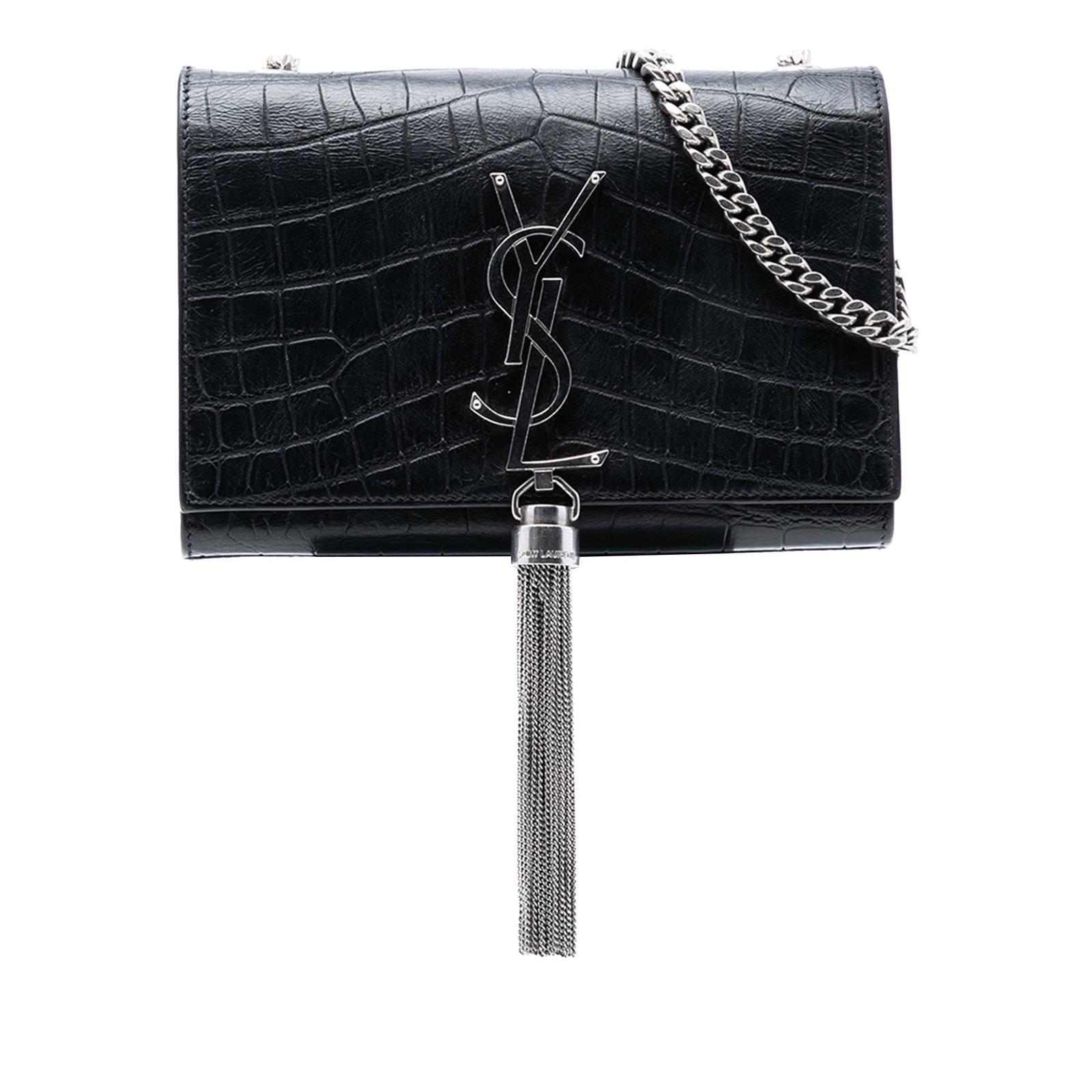 Black Leather Croc Embossed Kate Tassel Crossbody Bag by Saint Laurent (1 of 7)