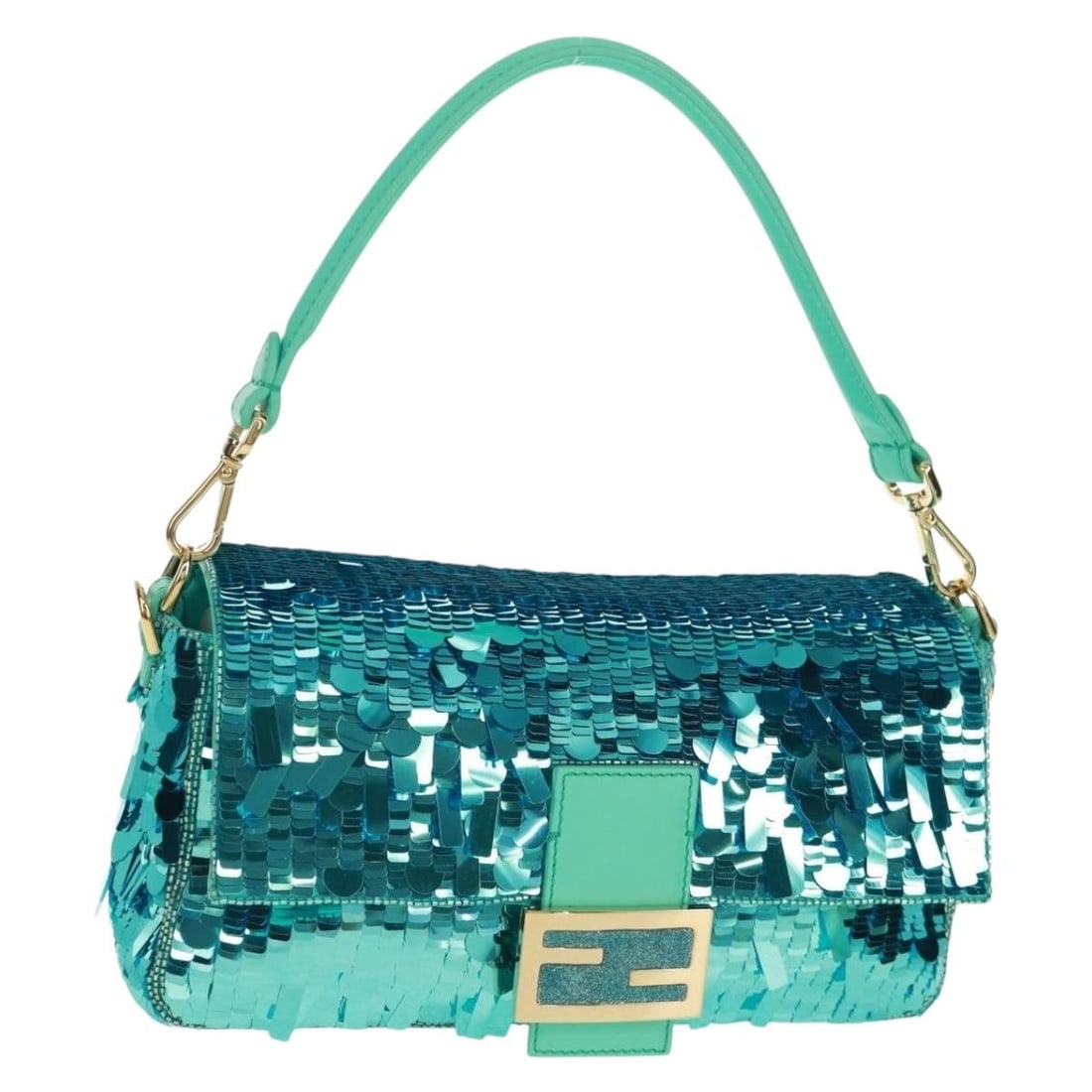 Fendi Mamma Baguette Blue Gold Sequin Leather Shoulder Bag With Dust Bag: Fendi Mamma Baguette Blue Gold Sequin Leather Shoulder Bag With Dust Bag This FENDI Mamma Baguette shoulder bag features a striking combination of blue and gold leather embellished with sequins. Desig
