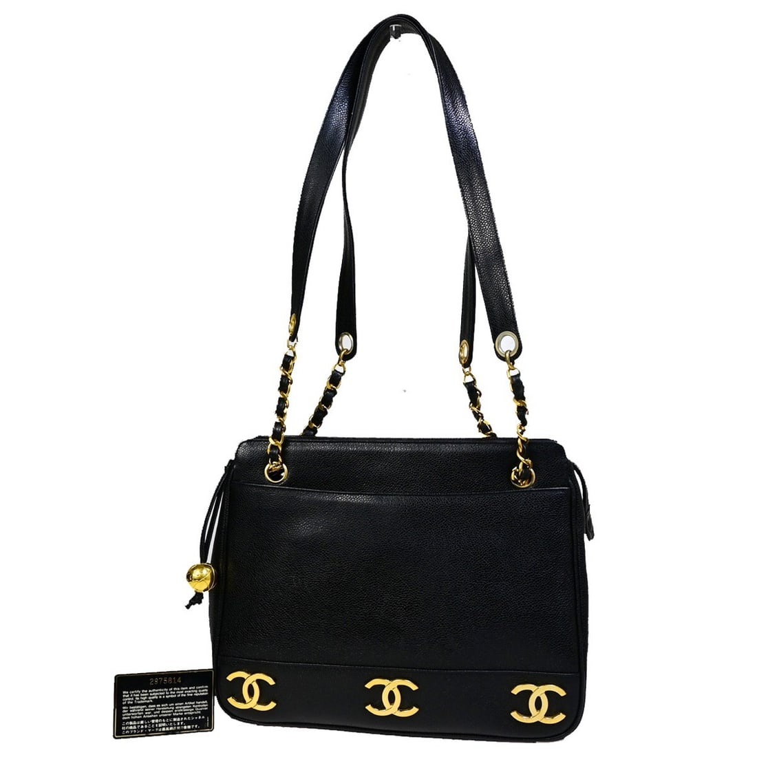 Chanel Triple CC Black Caviar Leather Chain Shoulder Bag: Chanel Triple CC Black Caviar Leather Chain Shoulder Bag This Chanel Triple CC Chain Shoulder Bag is crafted from black caviar leather and features the iconic CC logos. Designed for women, it is made