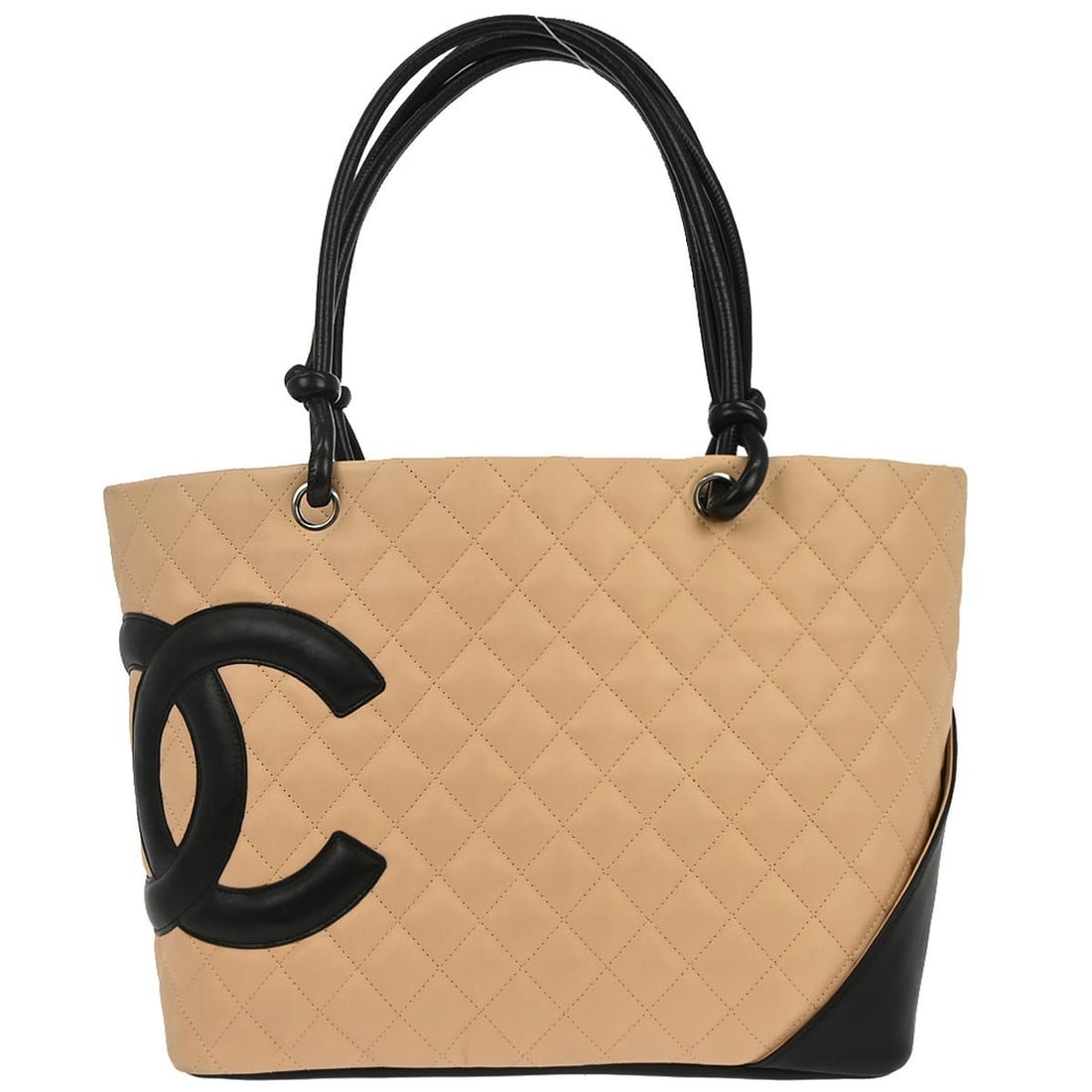Cambon Ligne Beige Quilted Calfskin Tote by Chanel: Cambon Ligne Beige Quilted Calfskin Tote by Chanel This Chanel Cambon Ligne tote handbag features beige calfskin leather with a quilted matelasse pattern and black double handles. The medium-sized tot