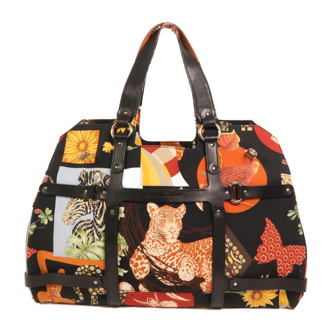 Salvatore Ferragamo Black Nylon and Calfskin Leather Multicolor Tote Bag: Salvatore Ferragamo Black Nylon and Calfskin Leather Multicolor Tote Bag This Salvatore Ferragamo tote bag features a stylish combination of black nylon and calfskin leather with multicolor accents. D
