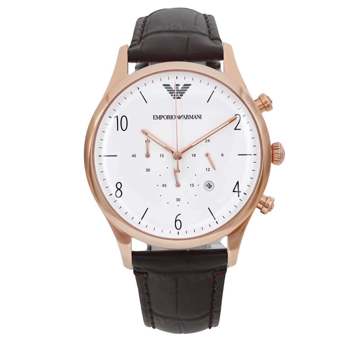 Emporio Armani Ceramica Chronograph Rose Gold-Tone Mens Watch AR1916: Emporio Armani Ceramica Chronograph Rose Gold-Tone Mens Watch AR1916 This Emporio Armani Chronograph features a stylish rose gold-tone stainless steel case and a classic white dial, perfect for a spor