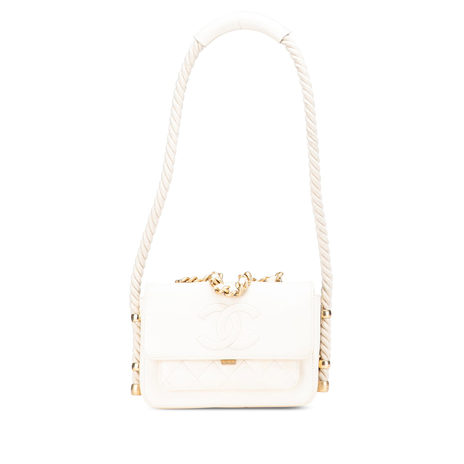 Chanel Crumpled Calfskin En Vogue Rope Flap White Leather Satchel: Chanel Crumpled Calfskin En Vogue Rope Flap White Leather Satchel This exquisite Chanel Crumpled Calfskin En Vogue Rope Flap satchel showcases a sophisticated leather body complemented by a woven chai