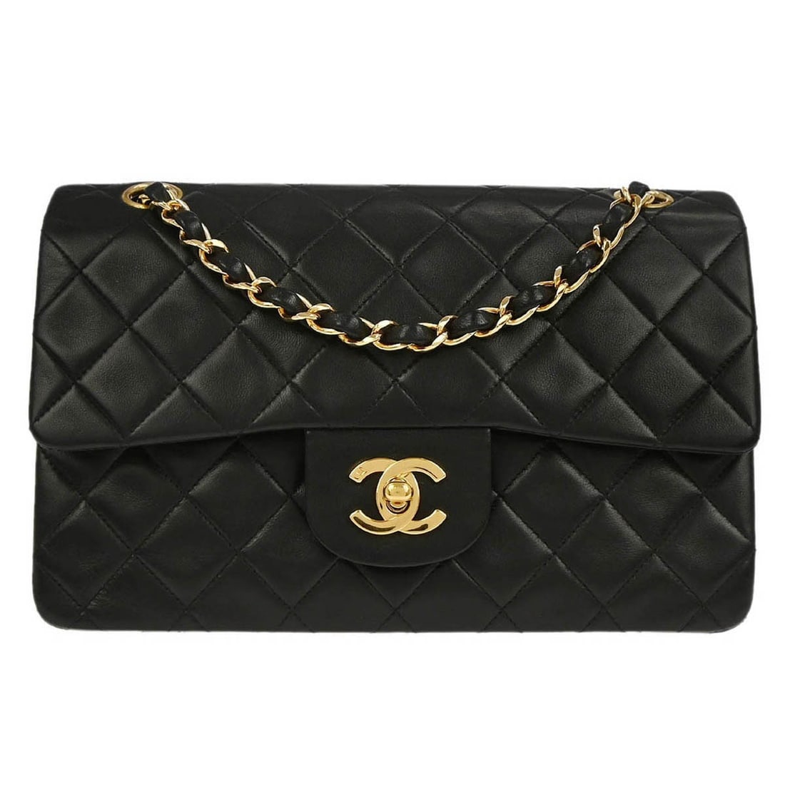 Small Chanel Classic Double Flap Black Lambskin Shoulder Bag: Small Chanel Classic Double Flap Black Lambskin Shoulder Bag This Chanel Classic Double Flap shoulder bag features a black matelasse leather exterior and a flap turnlock closure. The bag is equipped w