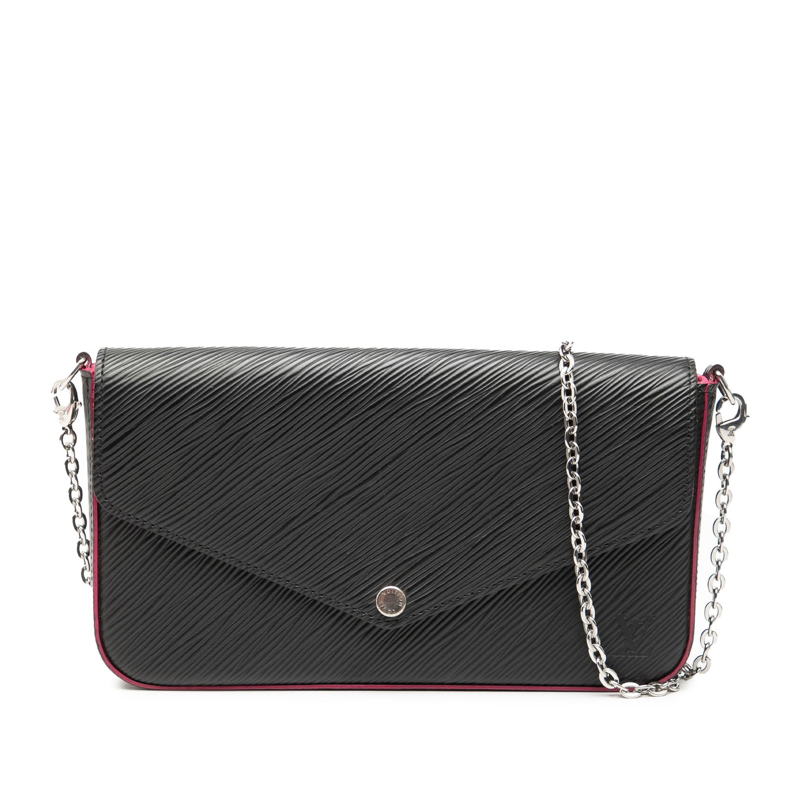 Louis Vuitton Epi Leather Pochette Felicie Black Shoulder Bag: Louis Vuitton Epi Leather Pochette Felicie Black Shoulder Bag The Louis Vuitton Epi Pochette Felicie features a black epi leather body with a detachable silver-tone curb chain strap. It is designed wi