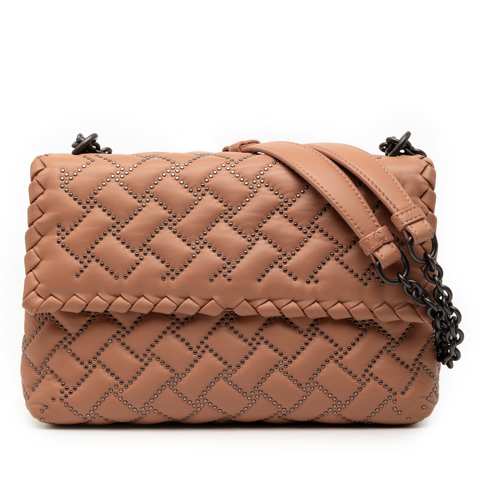 Bottega Veneta Studded Olimpia Small Woven Leather Shoulder Bag: Bottega Veneta Studded Olimpia Small Woven Leather Shoulder Bag This Bottega Veneta Small Nappa Intrecciato Studded Olimpia Shoulder Bag features a woven leather body with studded accents, chain link