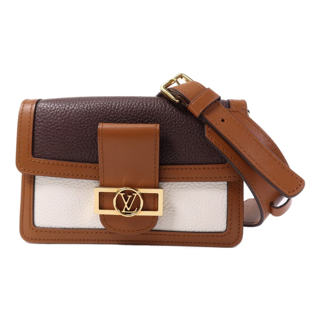 Louis Vuitton Dauphine Calfskin Waist Bag with Gold Hardware M58881 Brown White: Louis Vuitton Dauphine Calfskin Waist Bag with Gold Hardware M58881 Brown White The Louis Vuitton Dauphine Bum Bag is crafted from premium calfskin leather in a stylish brown and white color combinati