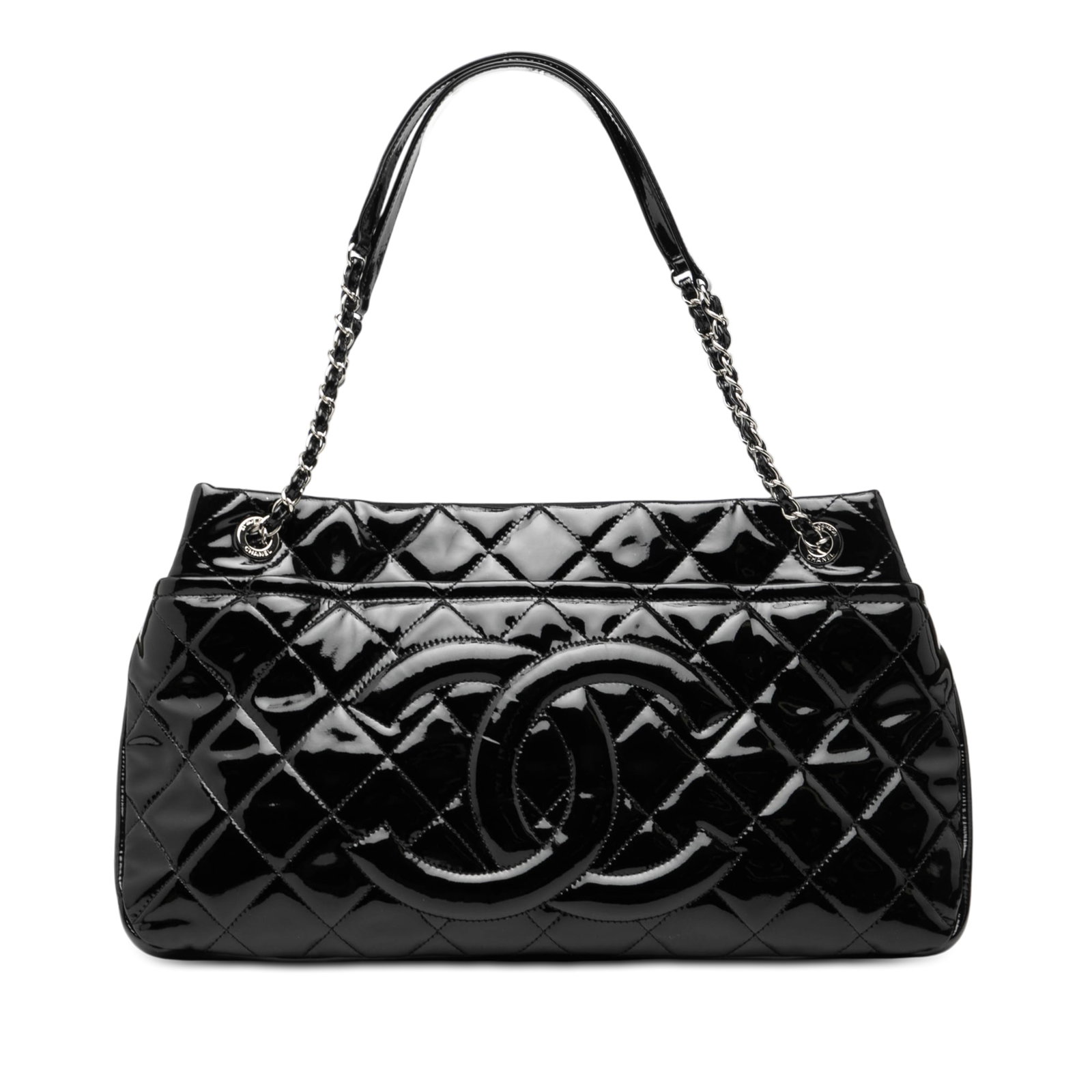 Chanel Timeless Soft Black Patent Quilted Leather CC Tote Bag: Chanel Timeless Soft Black Patent Quilted Leather CC Tote Bag This Chanel CC Quilted Patent Timeless Soft Tote features a quilted patent leather exterior in black, leather-woven chain link straps with