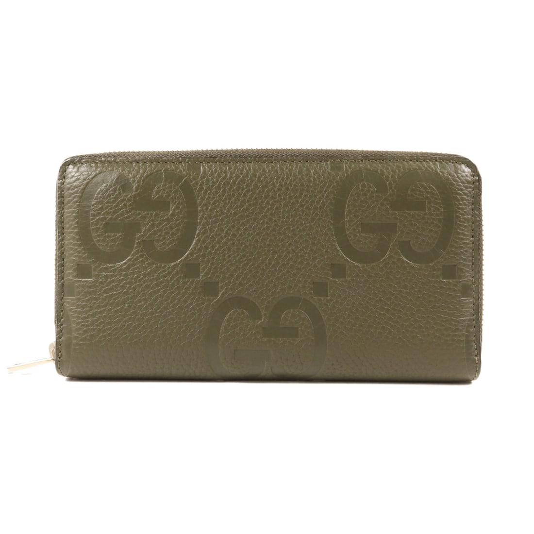 Gucci Olive Green Calfskin GG Zip Around Long Wallet with Silver Hardware: Gucci Olive Green Calfskin GG Zip Around Long Wallet with Silver Hardware This GUCCI long round wallet is crafted from olive green calfskin leather and features silver-tone hardware. Designed for unis