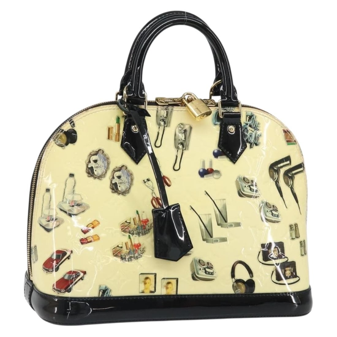 Louis Vuitton Alma PM Vernis Sticker Print White Patent Leather M50466 Handbag: Louis Vuitton Alma PM Vernis Sticker Print White Patent Leather M50466 Handbag This Louis Vuitton Vernis Sticker Print Alma PM handbag features a white patent leather exterior with an eye-catching sti