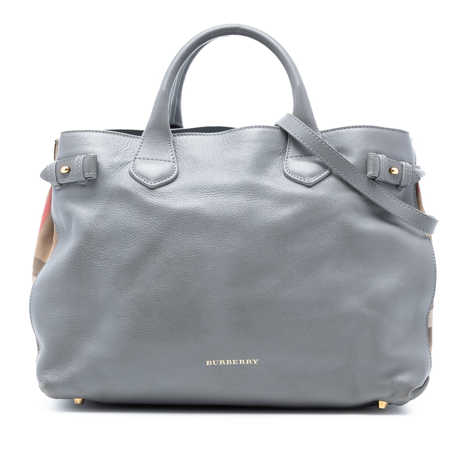 Burberry Banner Satchel Medium Gray Leather with House Check Canvas Trim (1 of 8)