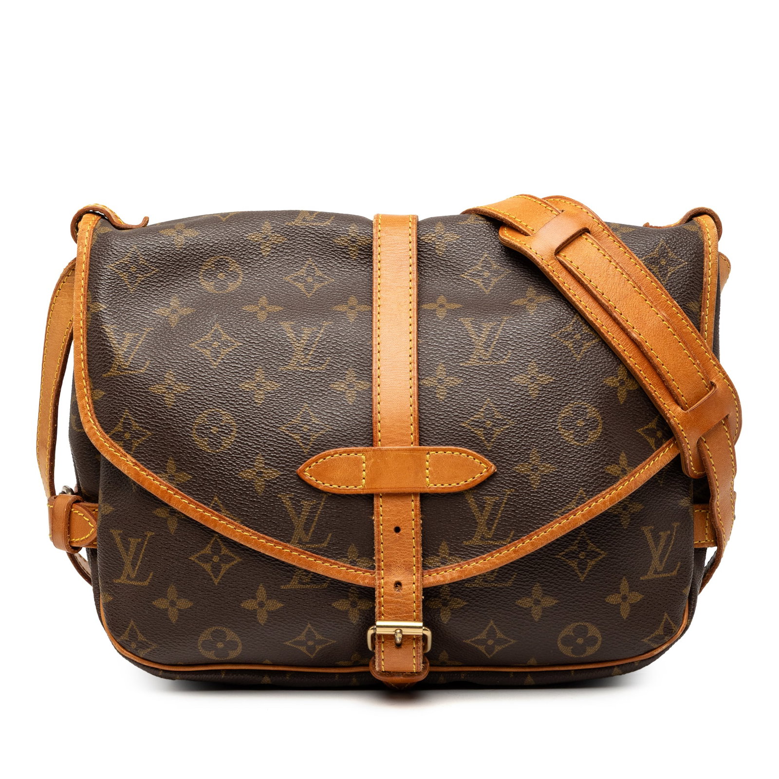 Louis Vuitton Saumur 25 Monogram Canvas Shoulder Bag with Leather Trim: Louis Vuitton Saumur 25 Monogram Canvas Shoulder Bag with Leather Trim The Louis Vuitton Monogram Saumur 25 is a shoulder bag crafted from the signature monogram canvas with vachetta leather trim. It