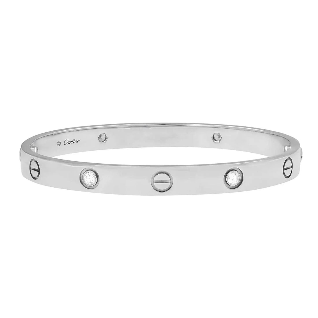 18k White Gold Cartier Love Bangle with Four Diamonds Size 18: 18k White Gold Cartier Love Bangle with Four Diamonds Size 18 This Cartier Love Bracelet is crafted from 18k white gold and features four round natural diamonds set in a classic bangle design. The bra