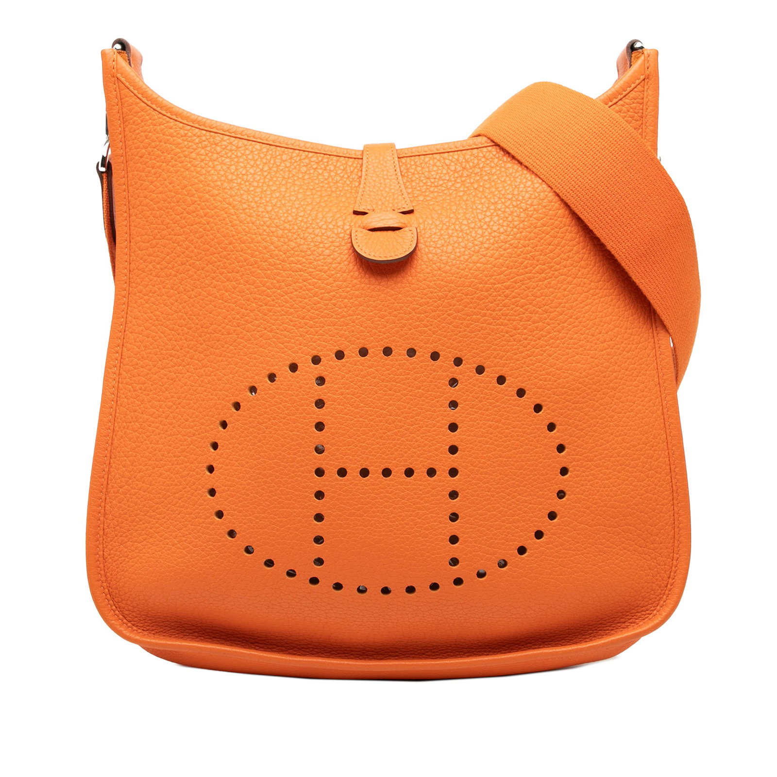 Hermes Evelyne III 29 Orange Clemence Leather Shoulder Bag with Canvas Strap: Hermes Evelyne III 29 Orange Clemence Leather Shoulder Bag with Canvas Strap The Hermes Clemence Evelyne III 29 is crafted from Clemence leather in a striking orange hue. This un-used shoulder bag is