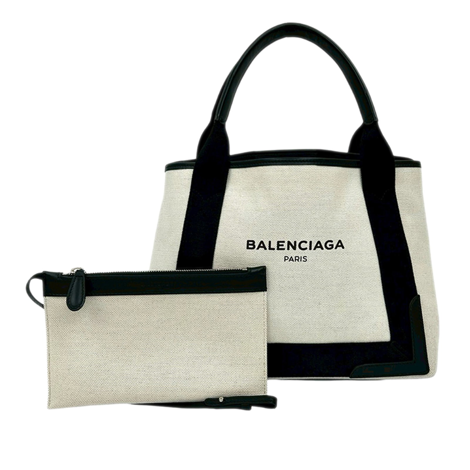 Balenciaga Navy Cabas S Canvas Tote Bag with Leather Trim: Balenciaga Navy Cabas S Canvas Tote Bag with Leather Trim This Balenciaga Canvas Navy Cabas Tote S features a white canvas body with leather trim and flat leather handles. The tote has an open top des