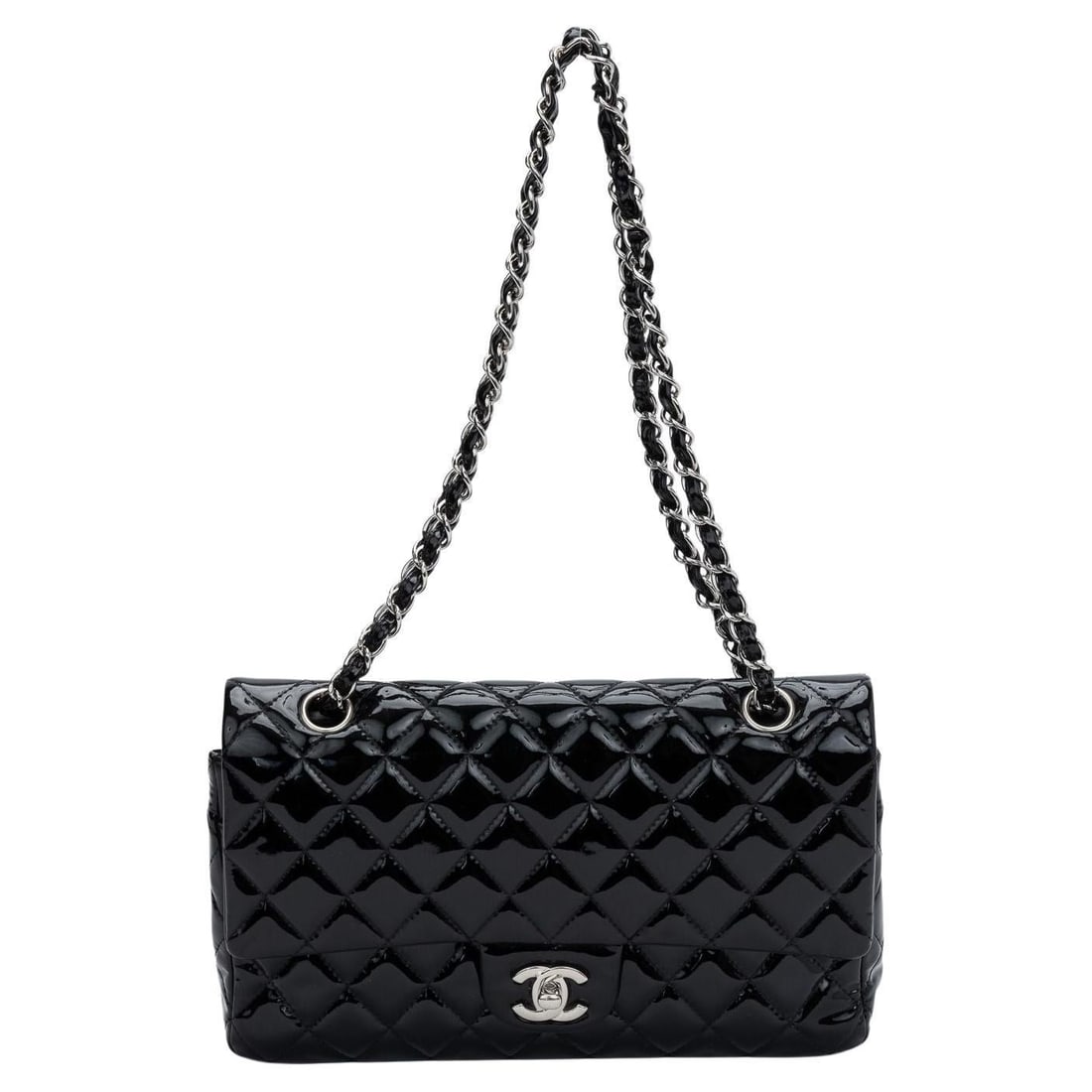 Chanel Black Patent Double Flap Bag Collection 16 with Hologram: Chanel Black Patent Double Flap Bag Collection 16 with Hologram This Chanel Black Patent Double Flap bag is a timeless classic, crafted from luxurious patent leather and accented with silver tone hard