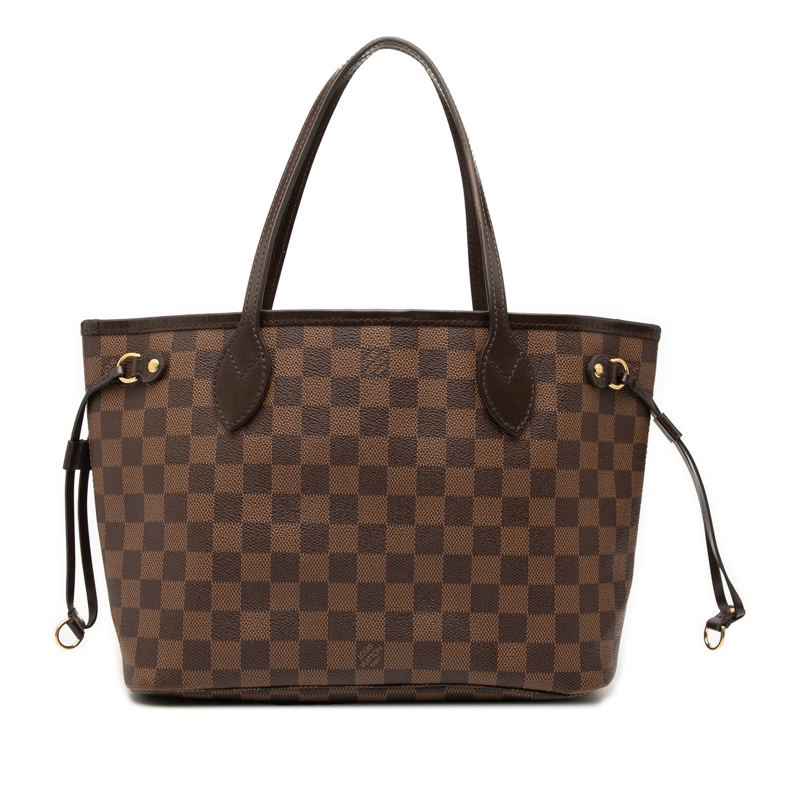Louis Vuitton Neverfull PM Tote in Damier Ebene Canvas with Leather Trim: Louis Vuitton Neverfull PM Tote in Damier Ebene Canvas with Leather Trim The Louis Vuitton Damier Ebene Neverfull PM is crafted from signature damier canvas with leather trim, featuring flat leather s