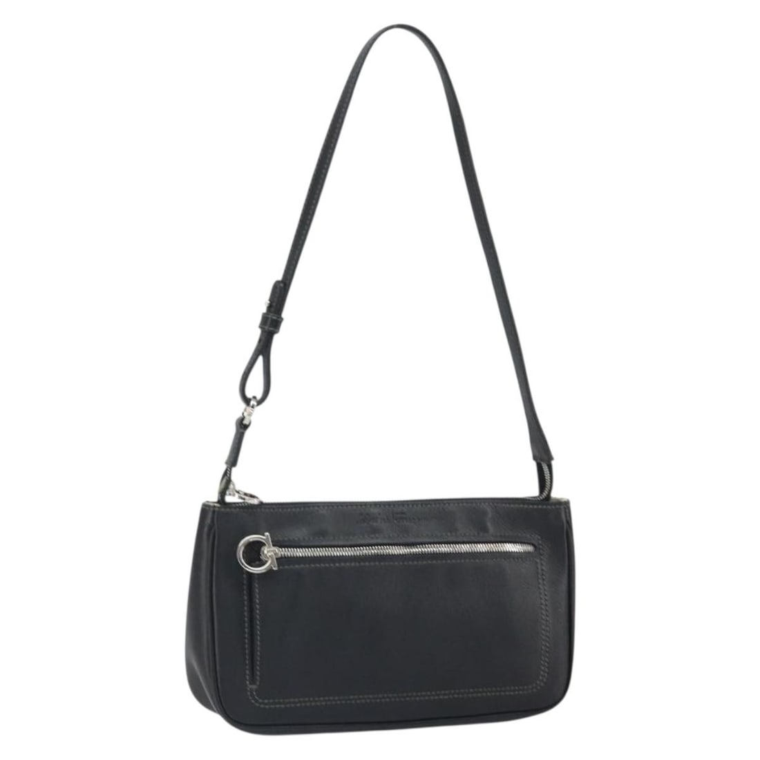 Ferragamo Black Leather Shoulder Pouch with Silver Accents: Ferragamo Black Leather Shoulder Pouch with Silver Accents This Salvatore Ferragamo shoulder pouch bag features black leather with silver-tone accents. Made in Italy, the bag offers a sleek and compac