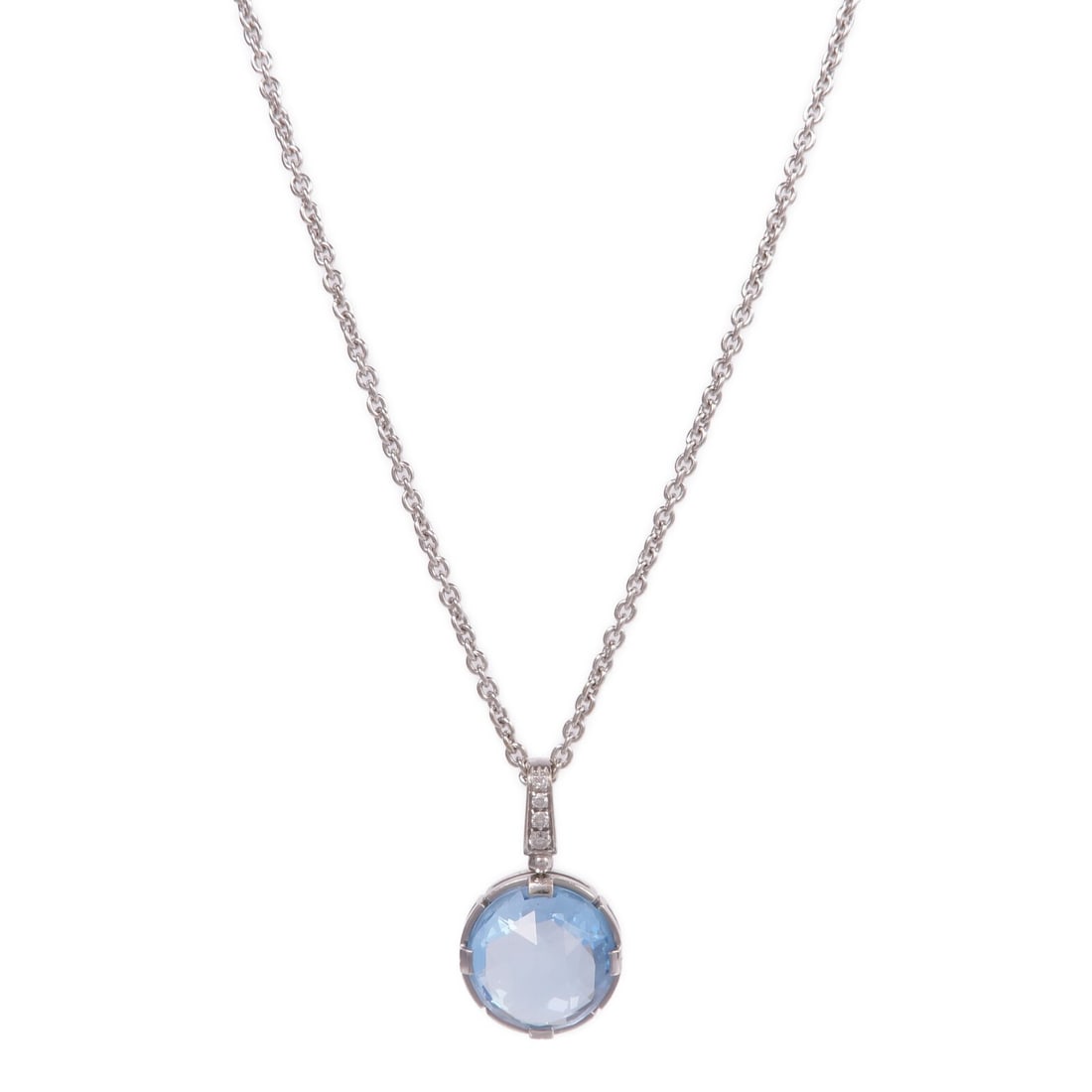 Parentesi 18K White Gold Necklace with Blue Topaz and Diamonds by BVLGARI: Parentesi 18K White Gold Necklace with Blue Topaz and Diamonds by BVLGARI This BVLGARI Parentesi Cocktail Necklace is crafted from 18K white gold and features a striking blue topaz as the main stone.