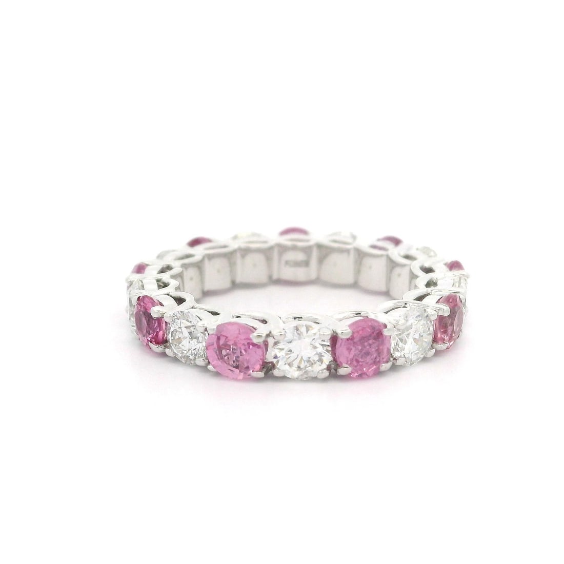 Effy 14k White Gold 5.25ctw Pink Sapphire Diamond Eternity Band Ring: Effy 14k White Gold 5.25ctw Pink Sapphire Diamond Eternity Band Ring This stunning eternity band ring showcases an exquisite design crafted from solid 14k white gold, featuring alternating vivid pink