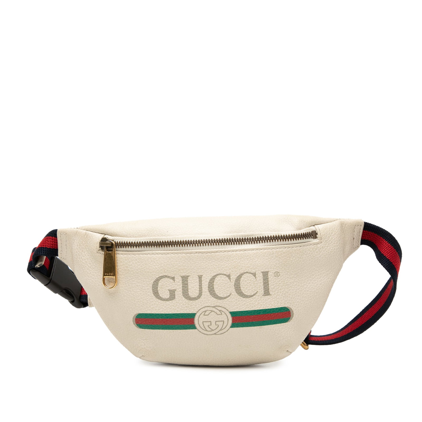 White Leather Gucci Logo Belt Bag with Adjustable Strap: White Leather Gucci Logo Belt Bag with Adjustable Strap Elevate your accessory collection with the Gucci Leather Logo Belt Bag, crafted from premium printed leather. This stylish bag features an adjus