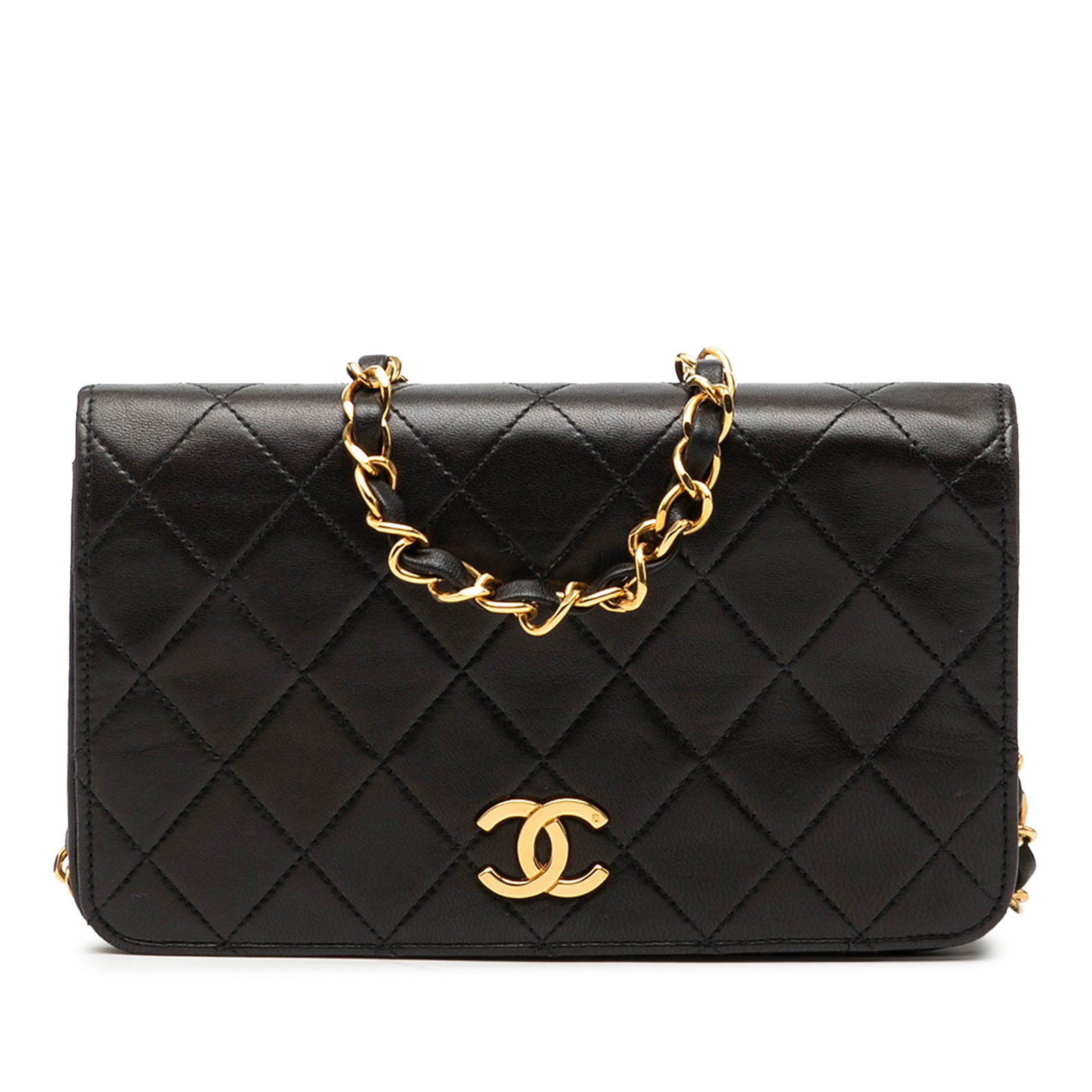 Chanel Black Quilted Lambskin Leather Crossbody Bag with Chain Strap: Chanel Black Quilted Lambskin Leather Crossbody Bag with Chain Strap This Chanel CC Quilted Lambskin Full Single Flap crossbody bag features a black quilted lambskin leather body, a leather-woven chai
