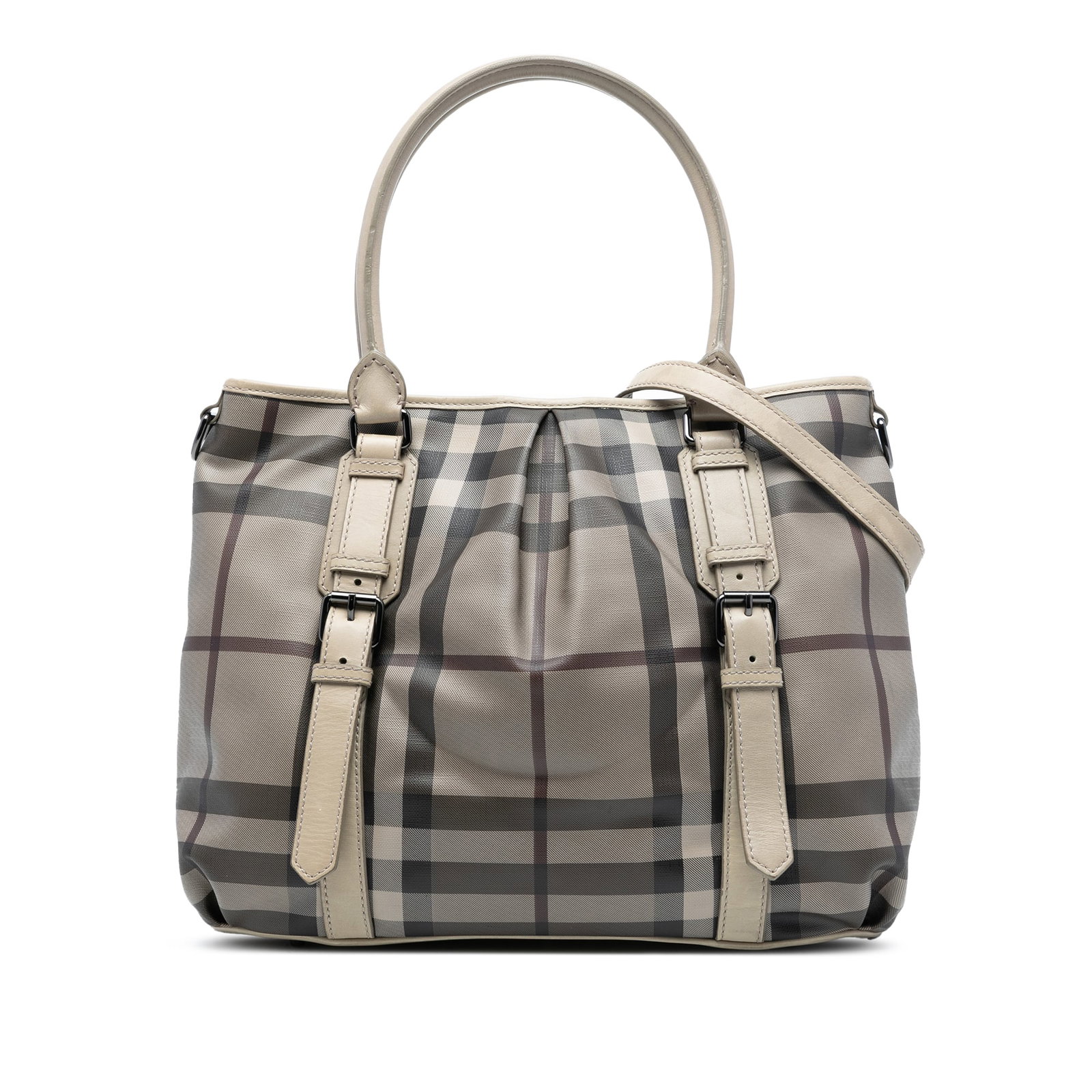 Northfield Satchel in Smoke Check Coated Canvas with Leather Trim by Burberry: Northfield Satchel in Smoke Check Coated Canvas with Leather Trim by Burberry This Burberry Northfield satchel features a smoke check coated canvas body with leather trim and buckle accents. It is des