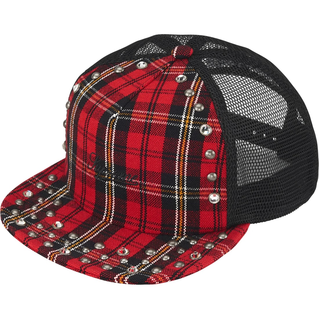 Red Plaid Mesh 5-Panel Cap with Supreme and B.B. Simon Crystal Detailing (1 of 2)
