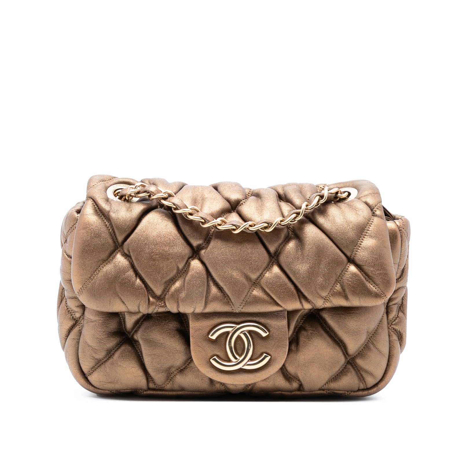 Chanel Bubble Quilt Flap Bag in Quilted Lambskin Leather: Chanel Bubble Quilt Flap Bag in Quilted Lambskin Leather This Chanel CC Lambskin Bubble Quilt Flap bag showcases a quilted lambskin leather exterior in brown, complemented by a leather-woven chain str
