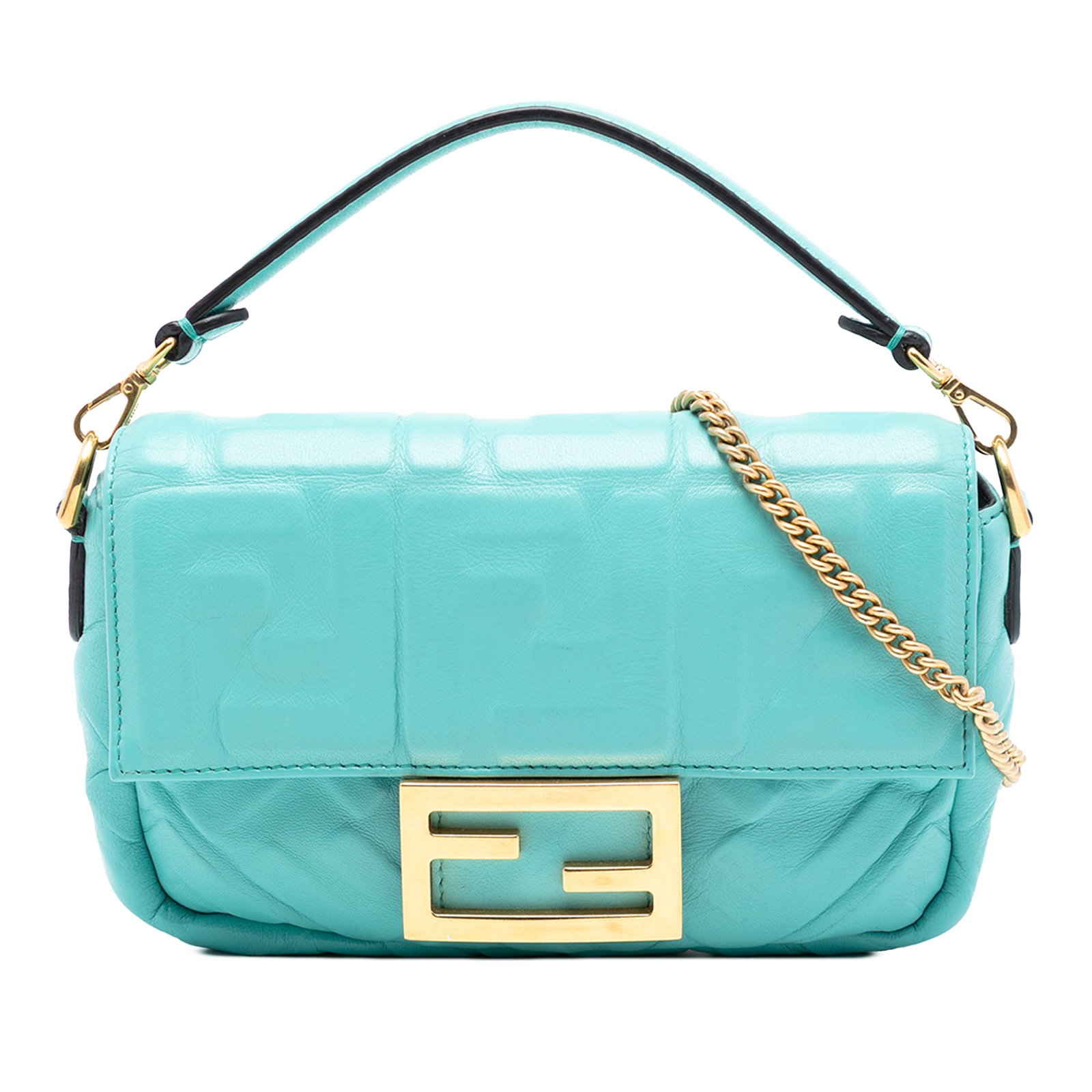 Fendi Mini Baguette Blue Embossed Leather Satchel with Chain Strap (1 of 7)