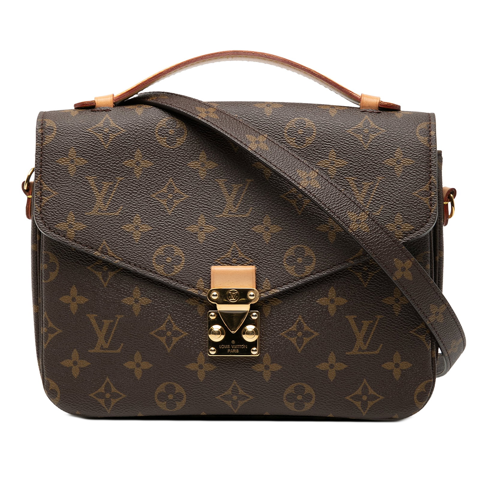 Louis Vuitton Pochette Metis Monogram Canvas Shoulder Bag Brown: Louis Vuitton Pochette Metis Monogram Canvas Shoulder Bag Brown This Louis Vuitton Monogram Pochette Metis features a classic monogram canvas body with a flat vachetta leather top handle and a detacha