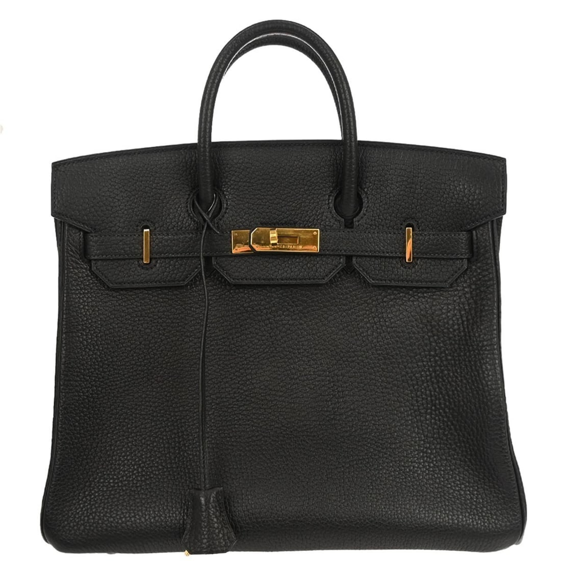 Black Leather Haut a Courroies 32 Handbag with Gold Hardware: Black Leather Haut a Courroies 32 Handbag with Gold Hardware This Hermes Haut a Courroies 32 handbag is crafted from black leather and features a flap turnlock closure with gold-tone hardware. Designe