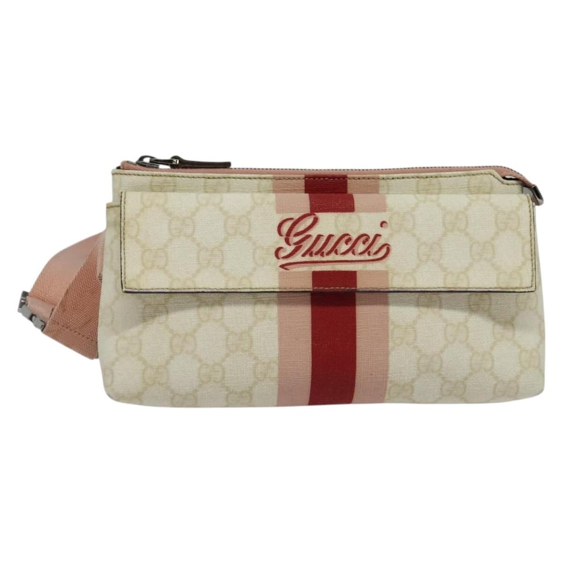 GUCCI GG Supreme Sherry Waist Bag PVC White Silver 189815 Auth Italy: GUCCI GG Supreme Sherry Waist Bag PVC White Silver 189815 Auth Italy This authentic GUCCI GG Supreme Sherry Line Waist Bag is a stylish accessory crafted in Italy from durable PVC leather. The bag fea