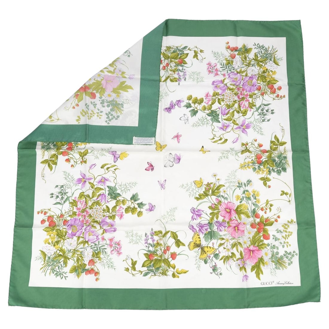 Gucci Floral Silk Square Scarf With Green Border 35 Inch: Gucci Floral Silk Square Scarf With Green Border 35 Inch This Gucci vintage silk scarf features a white background with green trim and a multicolor floral design. The scarf is crafted from silk and re