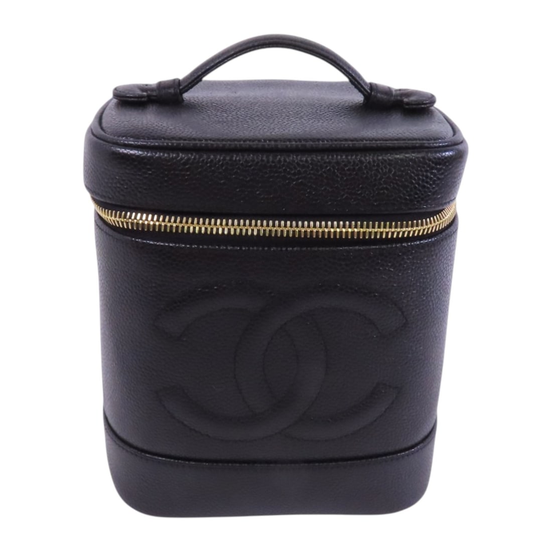 CHANEL Vintage Black Calfskin Leather Vanity Handbag GHW: CHANEL Vintage Black Calfskin Leather Vanity Handbag GHW This vintage CHANEL handbag is crafted from luxurious black calfskin leather, showcasing the timeless elegance synonymous with the brand. With