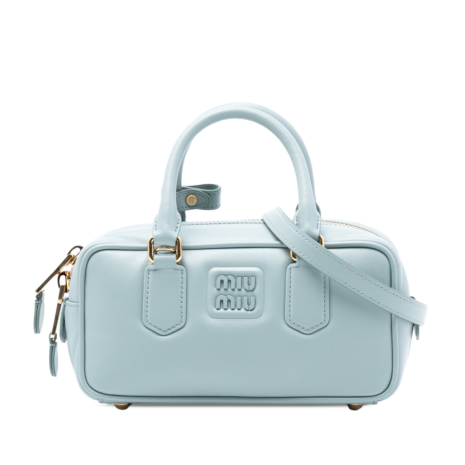 Blue Leather Arcadie Satchel Bag by Miu Miu with Detachable Strap: Blue Leather Arcadie Satchel Bag by Miu Miu with Detachable Strap This Miu Miu Leather Arcadie Satchel is crafted from blue leather and features rolled leather handles, a detachable flat leather strap