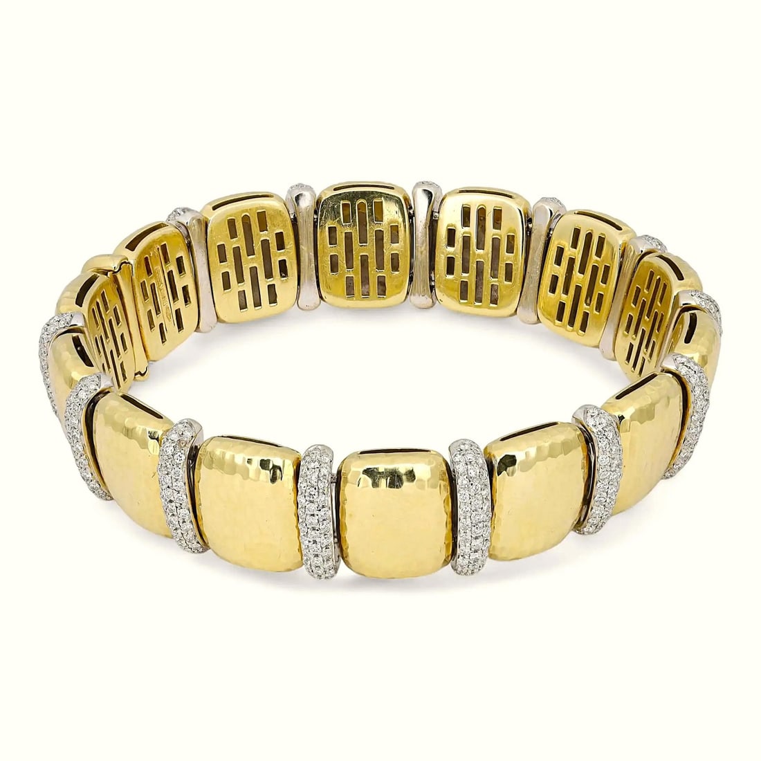 18k Yellow Gold Roberto Coin Tennis Bracelet With 2.09ctw Diamonds: 18k Yellow Gold Roberto Coin Tennis Bracelet With 2.09ctw Diamonds This Roberto Coin tennis bracelet is crafted in 18k yellow gold and features 14 textured links, each joined by 13 bars set with round