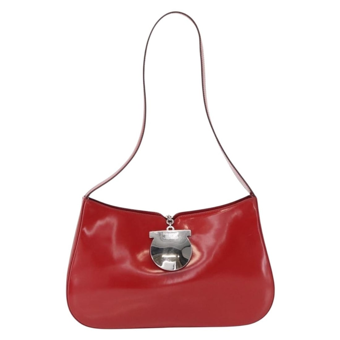 Red Patent Leather Gancini Shoulder Bag by Salvatore Ferragamo: Red Patent Leather Gancini Shoulder Bag by Salvatore Ferragamo This Salvatore Ferragamo Gancini shoulder bag is crafted from red patent leather and designed for women. The bag features a structured si