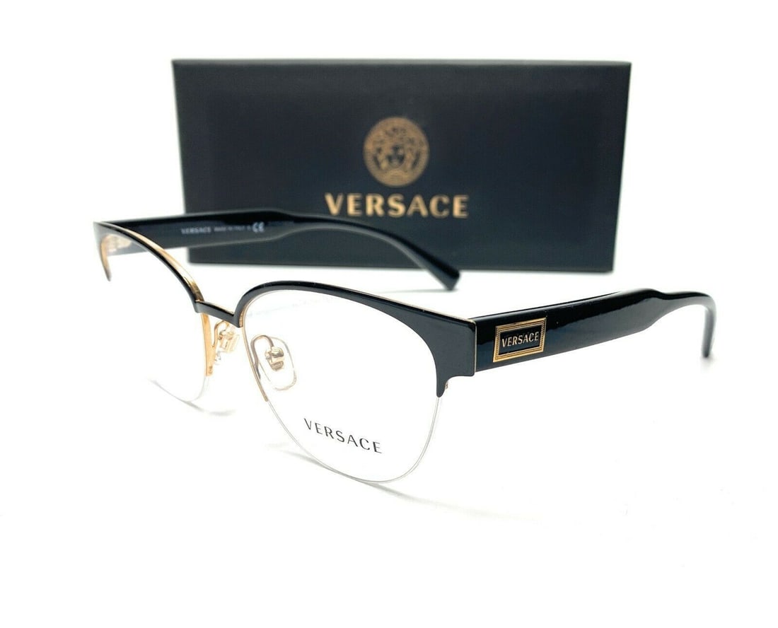 Versace VE1265 1433 Black Gold Cat Eye Eyeglasses with Demo Lens: Versace VE1265 1433 Black Gold Cat Eye Eyeglasses with Demo Lens Elevate your eyewear collection with these stunning Versace VE1265 1433 Cat Eye Eyeglasses. Crafted in Italy, these stylish glasses fea