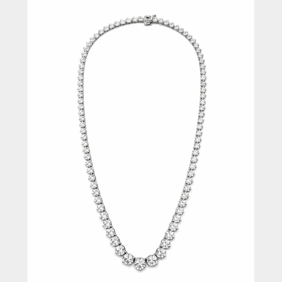 24.25 Carat Diamond Tennis Necklace in 14K White Gold 17 Inch: 24.25 Carat Diamond Tennis Necklace in 14K White Gold 17 Inch This elegant tennis necklace is crafted from 14K white gold and features 103 graduated diamonds with a total weight of approximately 24.25