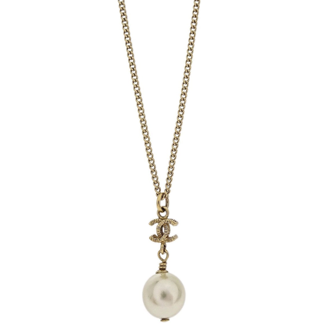 Gold Plated CC Pendant Necklace with Artificial Pearl by Chanel B12C: Gold Plated CC Pendant Necklace with Artificial Pearl by Chanel B12C This Chanel necklace features a gold-plated chain with a pendant adorned by a CC charm and artificial pearl accents. Made in Italy,