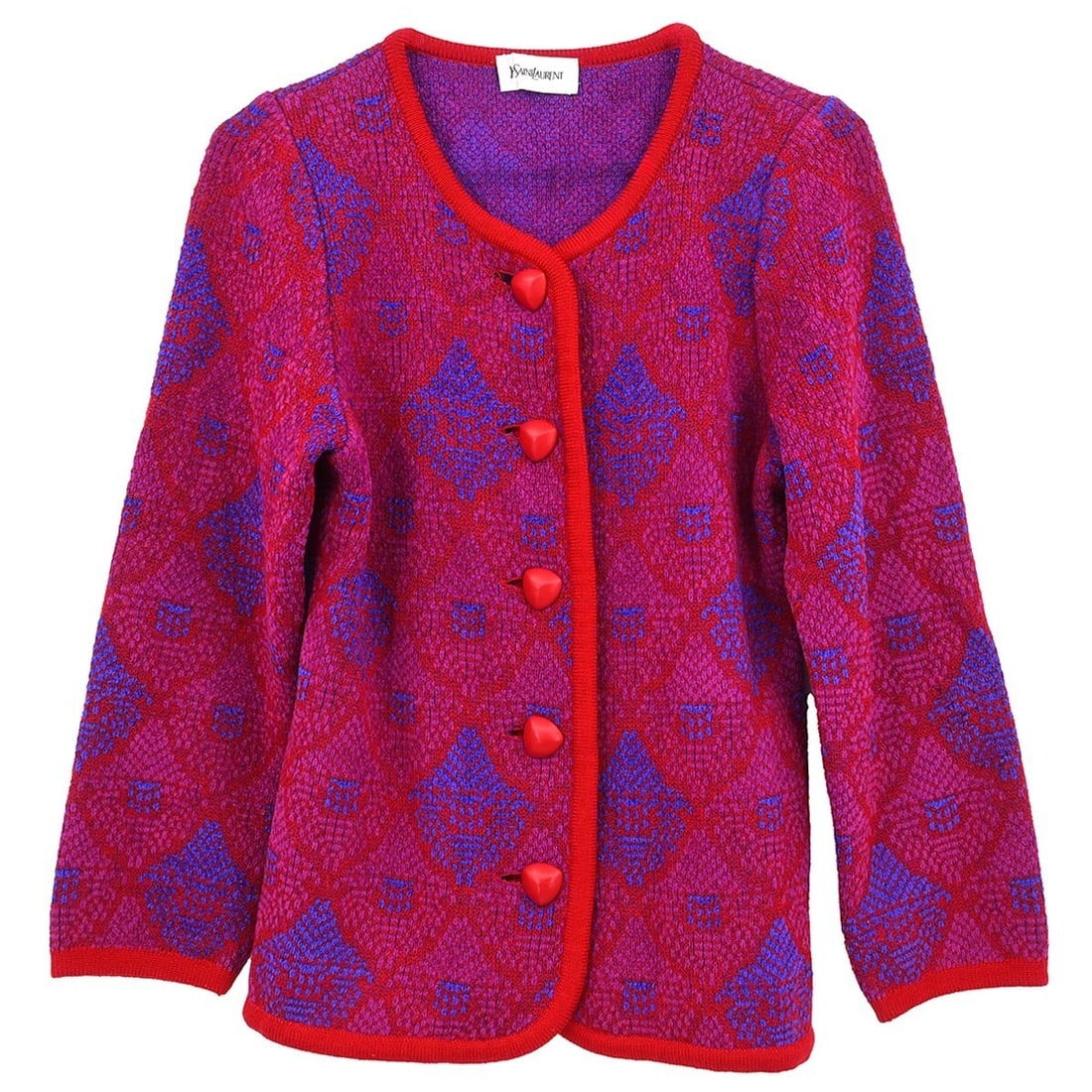 Yves Saint Laurent Red Cardigan Mid-Length Casual #M: Yves Saint Laurent Red Cardigan Mid-Length Casual #M This stylish red cardigan from Yves Saint Laurent is designed for a casual fall-winter look. It features a mid-length cut with long sleeves and a c