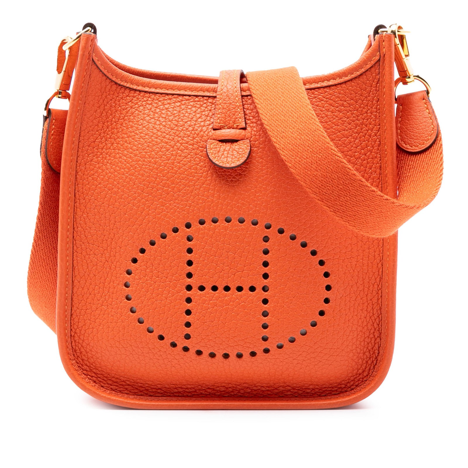 Hermes Evelyne TPM 16 Clemence Leather Feu Orange Shoulder Bag: Hermes Evelyne TPM 16 Clemence Leather Feu Orange Shoulder Bag The Hermes Clemence Evelyne TPM 16 features a Clemence leather body in Feu orange, complemented by a detachable flat canvas strap and an