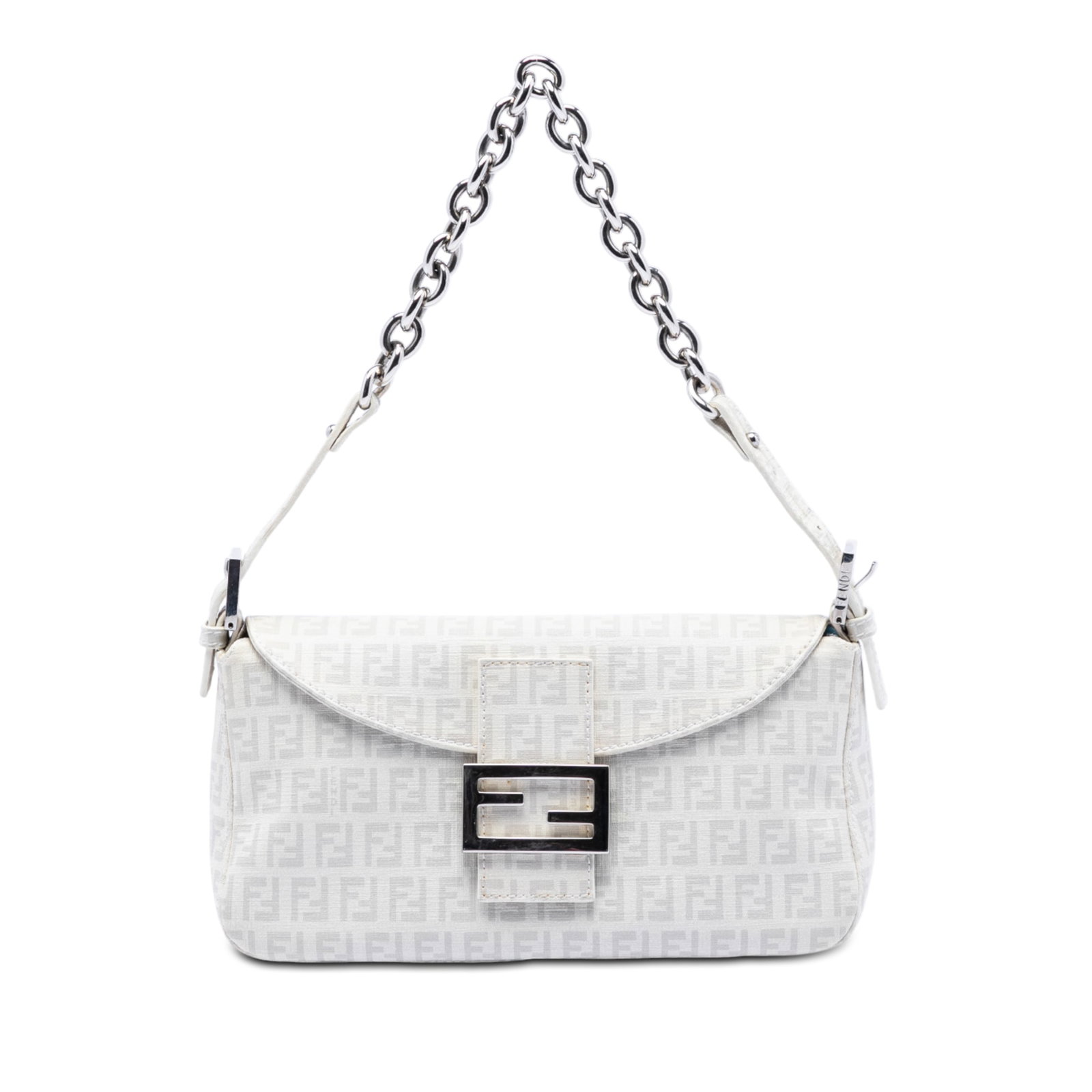 Fendi Zucchino Spalmati Coated Canvas Chain Strap Shoulder Bag: Fendi Zucchino Spalmati Coated Canvas Chain Strap Shoulder Bag This Fendi Zucchino Spalmati Double Flap Chain Shoulder Bag features a coated canvas exterior in white, complemented by a flat leather an
