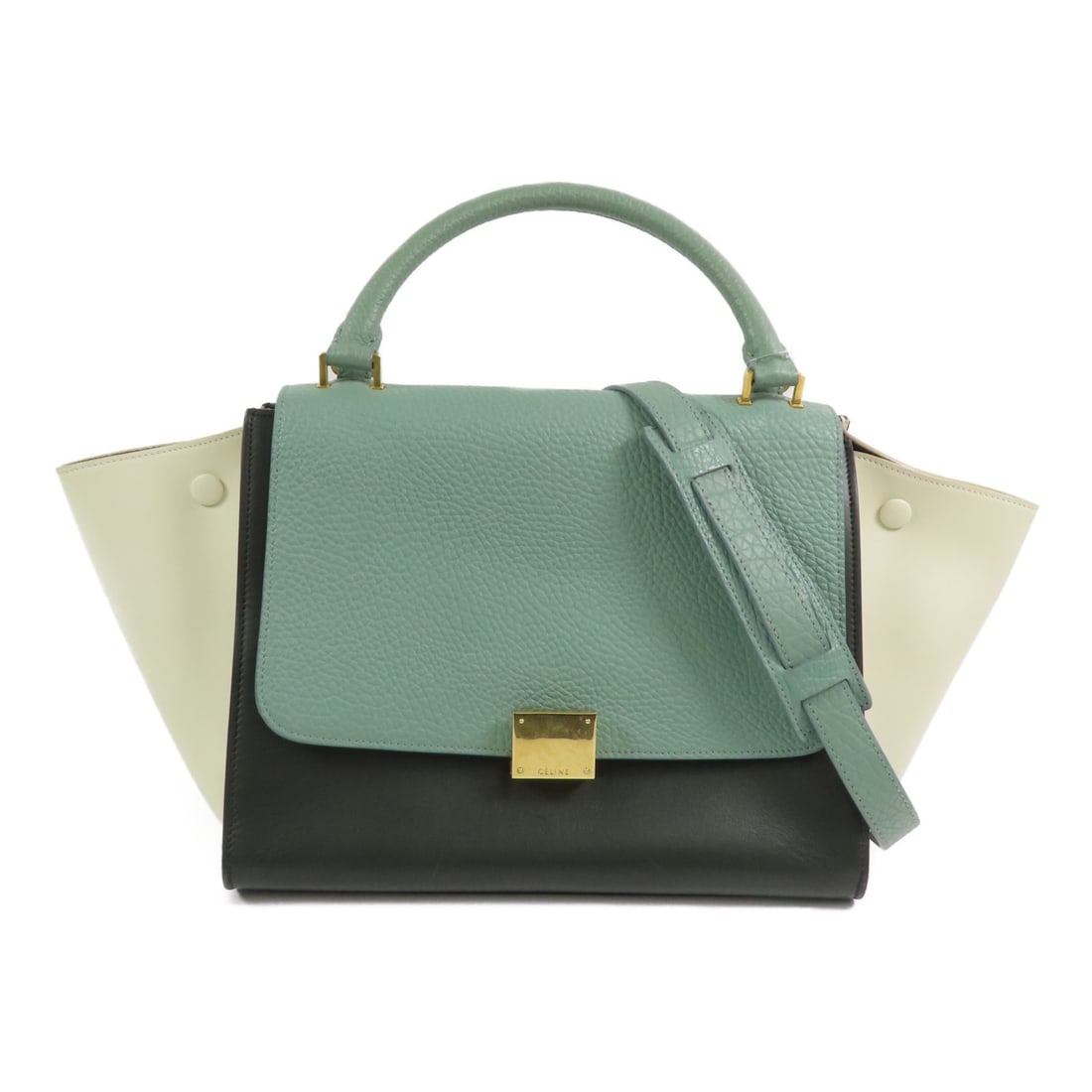 Celine Trapeze Calfskin Leather Shoulder Bag in White Green and Dark Grey: Celine Trapeze Calfskin Leather Shoulder Bag in White Green and Dark Grey This CELINE Trapeze shoulder bag features a stylish combination of white, green, and dark grey calfskin leather. Designed for