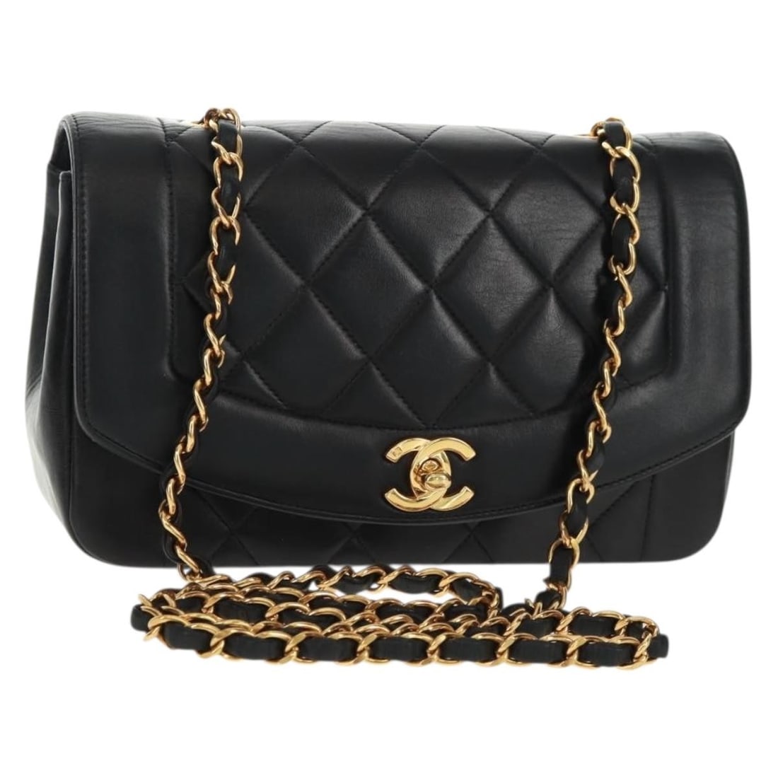 Chanel Diana 23 Black Lambskin Shoulder Bag with Gold Chain and CC Logo: Chanel Diana 23 Black Lambskin Shoulder Bag with Gold Chain and CC Logo This CHANEL Matelasse Diana 23 shoulder bag is crafted from black lambskin leather and features the iconic gold-tone CC turn-loc